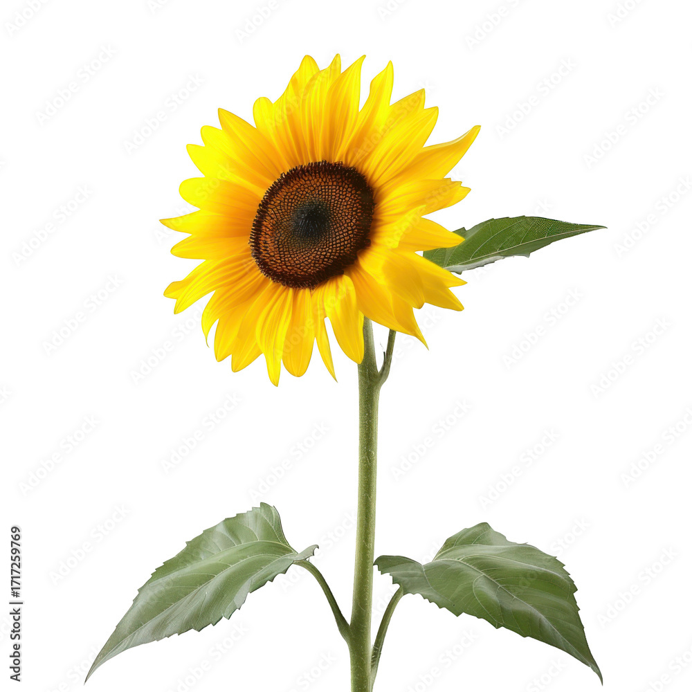 Obraz premium Single bright yellow sunflower with green leaves bloom blossom isolated on a transparent background