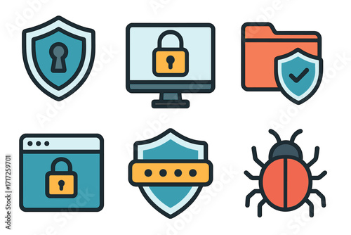 Cyber security icon set. Online safety and data protection symbols. Antivirus, malware, bug and virus scan. Secure login, password and folder access. Vector illustration.