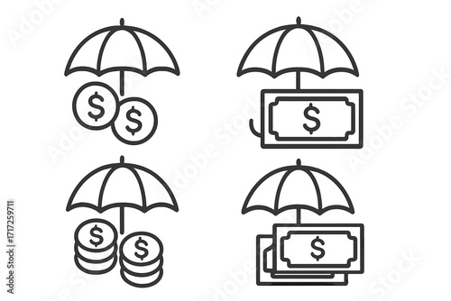 Money protection icon set. Financial security and insurance concept. Wealth safety and investment protection metaphor. Dollar coins and bills under umbrella vector illustration.