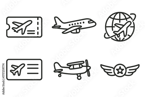 Air travel icon set with airplane flight symbols. Vector line art collection for aviation and transport concepts. Includes plane ticket, boarding pass, pilot wings, and global trip.
