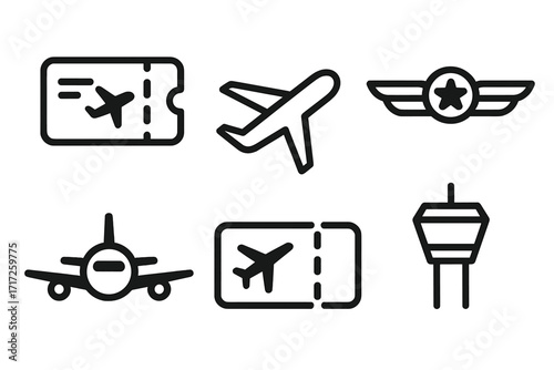 Air travel icon set. Aviation line symbols collection. Airplane, flight ticket, pilot wings, and airport control tower. Simple outline vector graphic for web and app design.