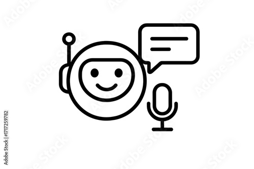 Chatbot smiley robot face icon with microphone for voice recognition and speech bubble. Vector thin line illustration for AI customer service and virtual assistant technology.