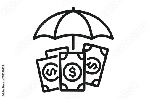 Money under umbrella line icon. Concept for financial protection, insurance, savings, investment security. Wealth management, asset safety, and secure finances vector illustration.