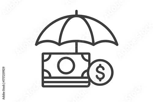 Financial protection line icon. Money under umbrella metaphor. Insurance, investment and savings concept. Wealth safety and security. Risk management. Asset protection guarantee.