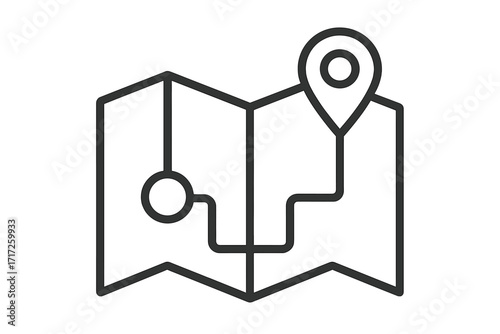 Navigation system icon with destination map and location pin. Vector thin line illustration for GPS technology, travel guidance, route planning, journey path and direction finding.