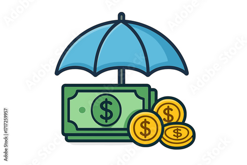 Money under umbrella icon for financial protection. Concept of insurance, savings security, and investment safety. Vector cartoon for wealth management and business finance.