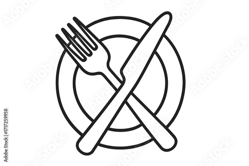 Plate with fork and knife crossed icon. Cutlery and tableware for restaurant, food, and dinner. Vector outline symbol for meal, lunch, breakfast, menu, cafe, kitchen.
