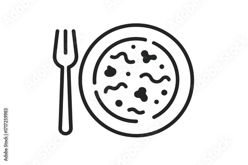 Plate of food with fork line icon. Minimalist vector for restaurant menu, cafe sign. Concept for lunch, dinner, meal, soup, gourmet dish, healthy eating, cooking app logo.