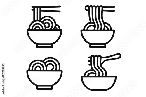 Noodle and pasta icon set. Minimalist line art pictogram of ramen, spaghetti, and Asian food in a bowl with chopsticks and fork. Vector for restaurant menu, web and apps design.