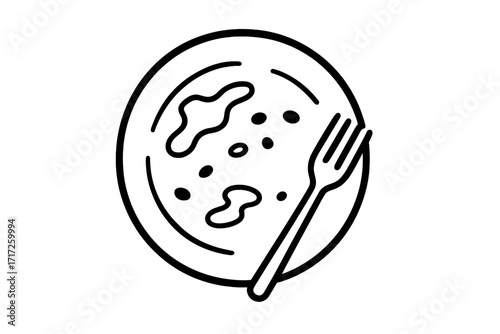 Dirty plate and fork vector icon. Finished meal, leftover food concept. Empty dish after eating. Food waste, washing dishes idea. Minimalist line art for restaurant menu, web.