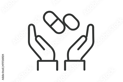 Hands holding pills and capsules line icon. Medical care and pharmacy concept. Health treatment, medication, supplements, and vitamins vector illustration for web and apps.