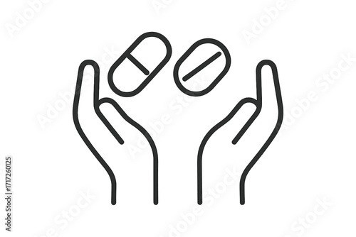 Pills in hand line icon for web and graphic design. Medicine and healthcare concept. Taking medication, vitamin or supplement. Pharmacy, drug, treatment, dose symbol for apps.