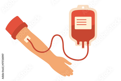 World Blood Donor Day June 14. Arm of a volunteer donating blood. Medical vector of transfusion with bag. Health care, charity and life saving concept. Patient help design.