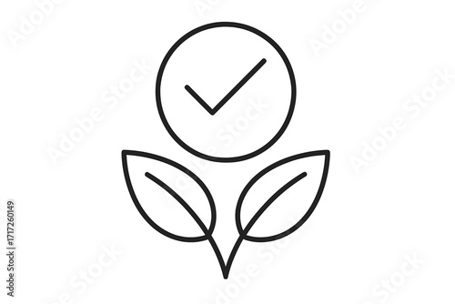 Vegan symbol, plant based icon with checkmark. Natural organic food logo. Healthy lifestyle. Eco, cruelty free choice. Environmental sustainability. Vector line illustration.