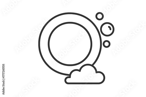 Dish washing icon. Plate with soap foam and bubbles. Clean kitchen concept. Household chore symbol. Minimalist line art vector illustration for web, apps, and graphic design.