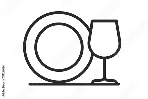 Plate and wine glass icon for dishwashing. Fragile goods symbol. Handle with care sign for packaging. Clean dishes, tableware pictogram. Kitchen linear vector illustration.