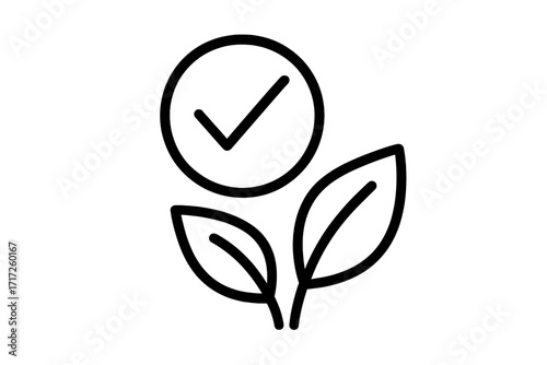 Vegan symbol icon. Checkmark and leaves for plant-based lifestyle. Cruelty free choice. Eco friendly sustainability. Natural organic food. Certified product label vector line art.