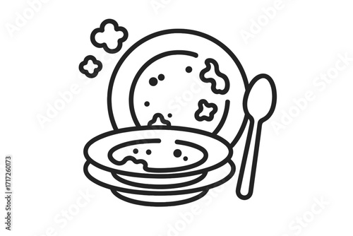 Dirty dishes icon. Stack of plates after eating, leftover food. Washing up, household chores pictogram. Kitchen mess symbol for web, apps, graphic design. Vector line art.