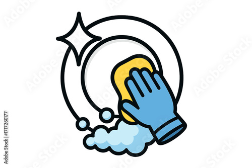 Washing dishes icon. Hand in blue glove cleaning a plate with a sponge and soap foam. Household chore concept for hygiene and cleanliness. Vector illustration for cleaning service.