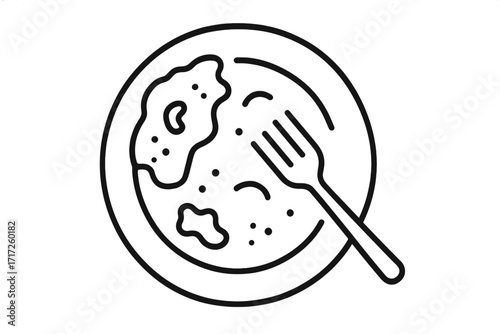 Dirty plate with fork icon. Empty dish with food leftovers after eating. Finished meal concept. Food waste symbol. Vector line art illustration for web and apps. Outline drawing.
