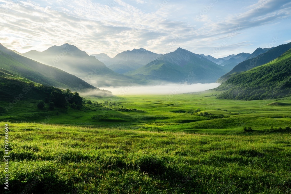 Obraz premium Serene valley with vibrant green meadow stretching towards misty mountains under partly cloudy sky, evoking calm and peaceful natural beauty in early morning light