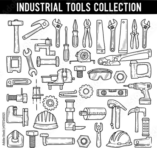 Hand-drawn outline vector collection of essential industrial, construction, and workshop tools and equipment for mechanics, builders, and DIY projects