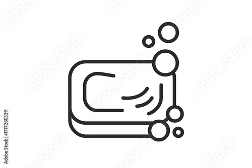 Soap bar line icon with bubbles. Clean vector symbol for hygiene, washing, and skincare. Minimalist graphic for web, app. Health, sanitation, and cleanliness concept.