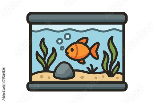 Simple aquarium icon with a cute goldfish swimming. Vector cartoon illustration of a fishbowl for pet shop concepts, apps, or graphics. Underwater aquatic pet care theme.