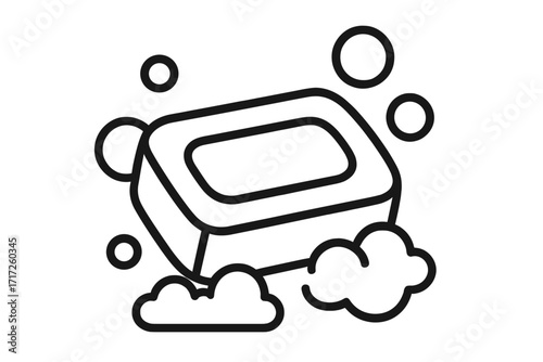 Soap bar with foam bubbles vector line icon. Hygiene, cleanliness, washing hands symbol. Skincare, bathroom, body care product. Cleanliness concept outline illustration.