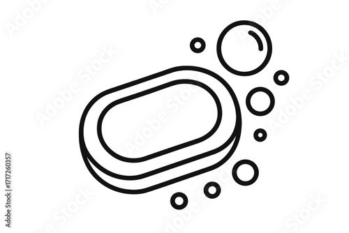 Soap bar with bubbles outline icon. Linear vector sign for hygiene and cleanliness. Symbol for washing, personal care, sanitation. Clean body concept. Lather foam illustration.