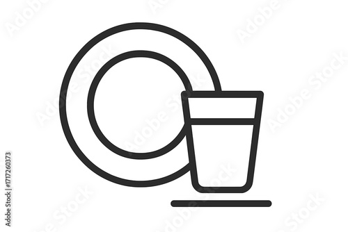 Clean plate and glass line icon. Dishware washing symbol for kitchen, restaurant, or cafe. Minimalist pictogram for web and app design. Vector illustration isolated.