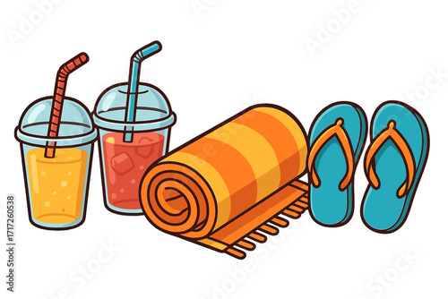 Summer beach essentials vector set. Cartoon illustration of refreshing drinks, rolled towel and flip-flops. Holiday vacation items for a sunny day. Isolated leisure and travel icon collection.