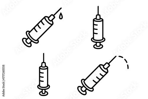 Medical syringe vector icon set. Line art illustration of injection, vaccine, and treatment. Concepts for healthcare, medicine, dose, and immunization. Simple doodle for app design.