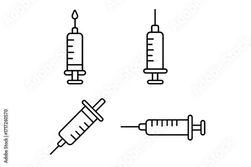 Medical syringe thin line icon set. Vector illustration of injection, vaccination, immunization. Concept healthcare, medicine, treatment. Needle with dose for clinic, hospital.