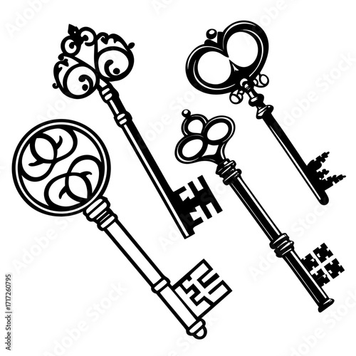 Ornate antique keys black silhouettes vintage keys