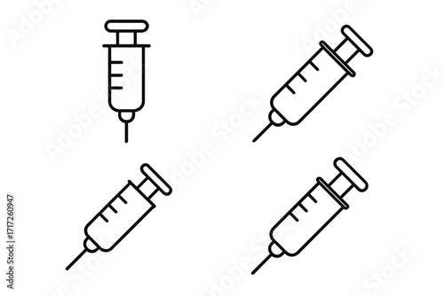 Syringe outline vector illustration set for medical graphic design, web apps, adverts, healthcare cards, injection icons, transparent background, simple line art, vaccination symbols