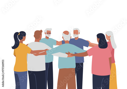 Diverse Seniors Embracing in a Circle Showing Unity.