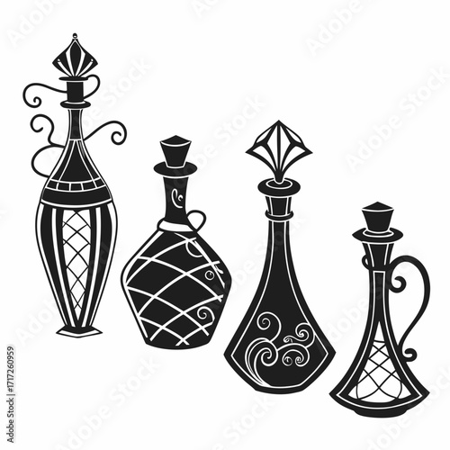 Ornate decorative black potion bottles silhouette