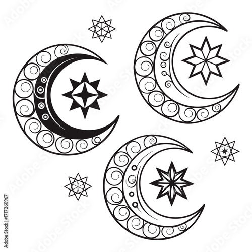 Ornate crescent moons and stars islamic celestial