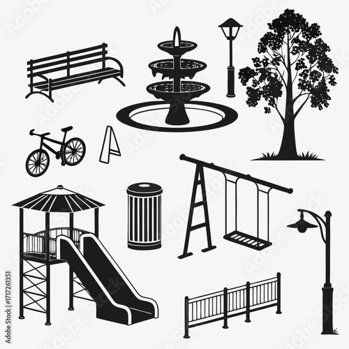 Park objects silhouettes black and white bench fountain