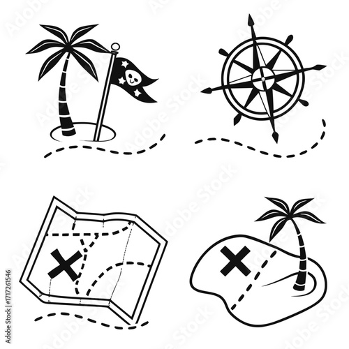 Pirate island compass map icons treasure map pirate flag