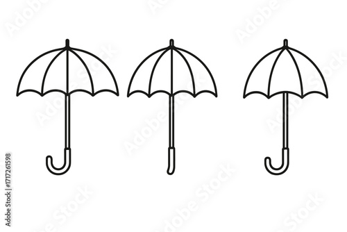 Umbrella, Parasol, Bumbershoot Linear Icon Set for Graphic Design, Web, Cards, Books, Articles, Vector Cartoon Illustration with Transparent Background, Rain Protection Concept