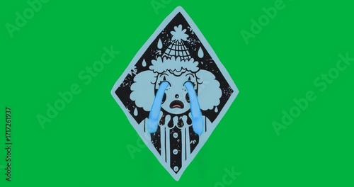 Illustration showing cartoon clown inside diamond frame, flowing tears on transparent background