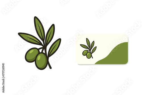Luxury olive branch logo vector cartoon illustration with green olives and leaves, elegant natural design, transparent background, healthy fruit, Mediterranean style, organic product symbol