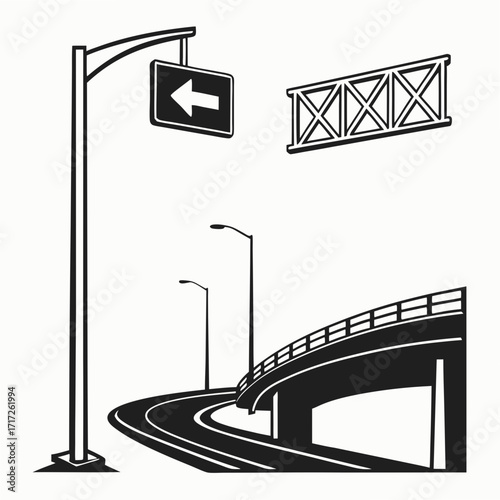 Road signs and highway overpass bridge traffic