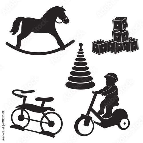 Rocking horse stacking blocks pyramid toy tricycle scooter