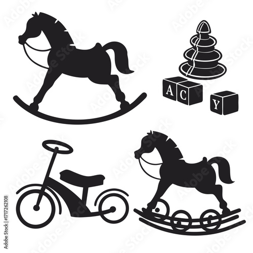 Rocking horses stacking tower and tricycle silhouettes