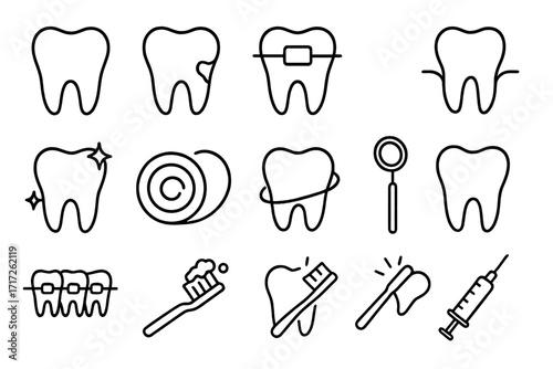 Tooth dentistry icons set, dental care, braces, teeth cleaning, oral hygiene symbols, smile health, dental treatment, minimalistic line art, web and graphic design collection for apps and banners