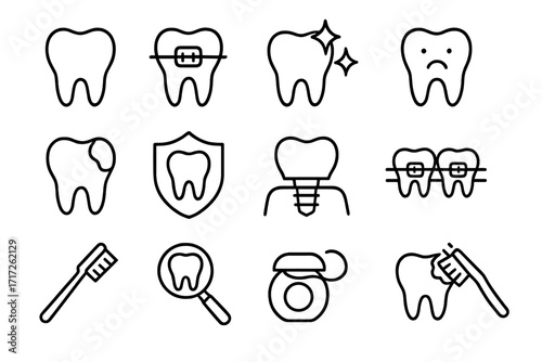 Tooth dentistry braces cleaning outline icons collection. Minimalistic linear pictogram set for dental care, orthodontics, oral hygiene, teeth protection, implants, and dental health apps design