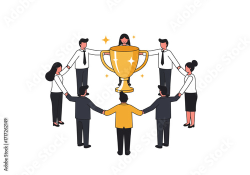 Celebrating Team Success: Business People with Trophy.